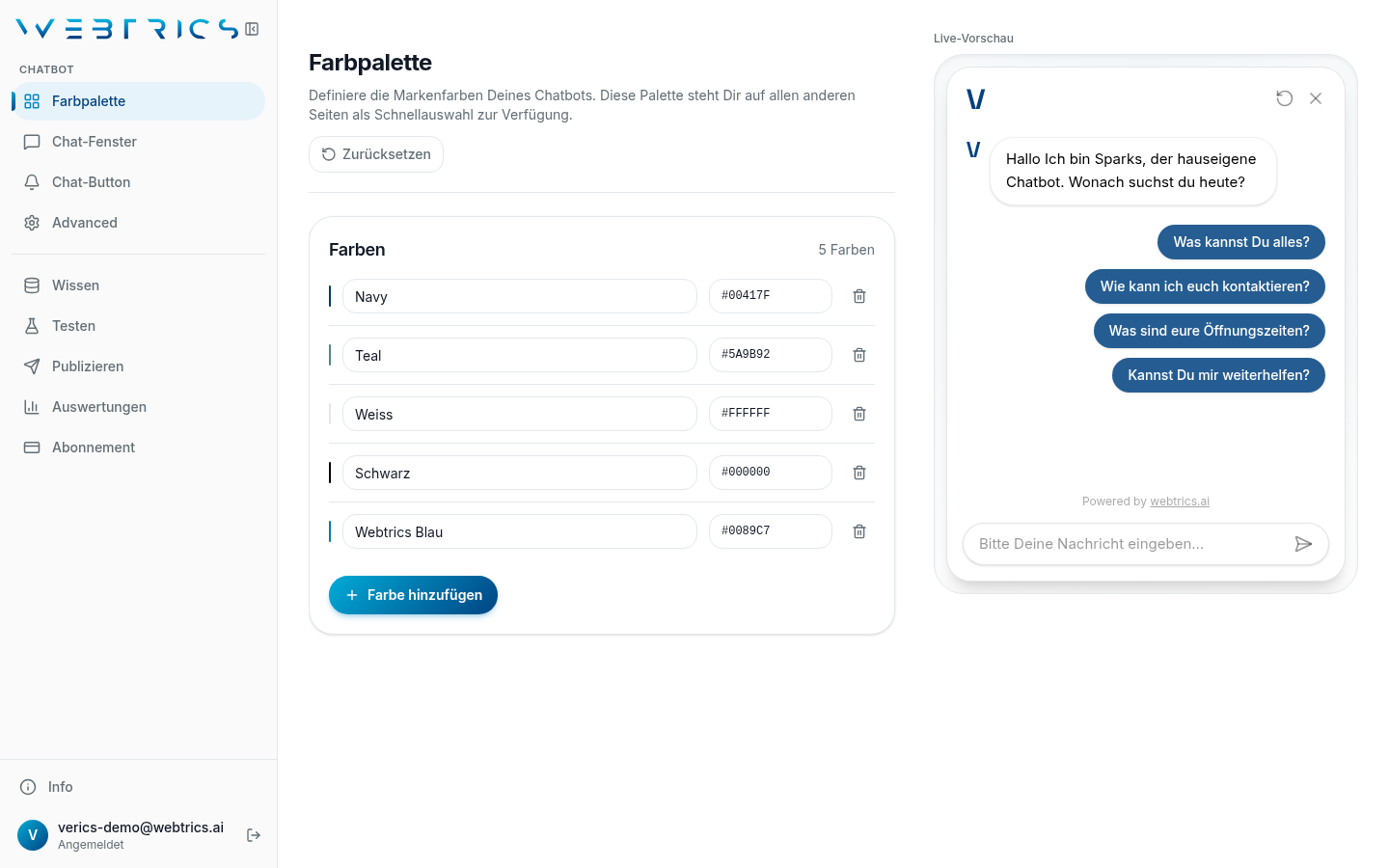 Botrics-Dashboard mit Wissensdatenbank, Chat-Fenster-Vorschau und Auswertungen