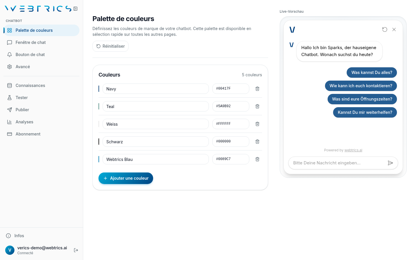 Tableau de bord de Botrics avec une base de connaissances, un aperçu de la fenêtre de chat et des analyses